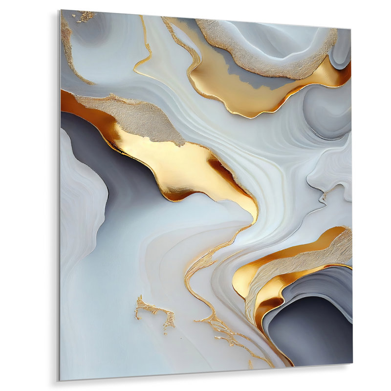Marbre blanc et or abstrait IV - décoration murale moderne en métal, H 32 po x l 16 po
