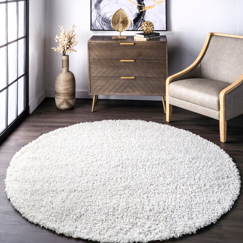 Oguz Power Loom Performance Solid Shag Ivory Rug, Round 6'