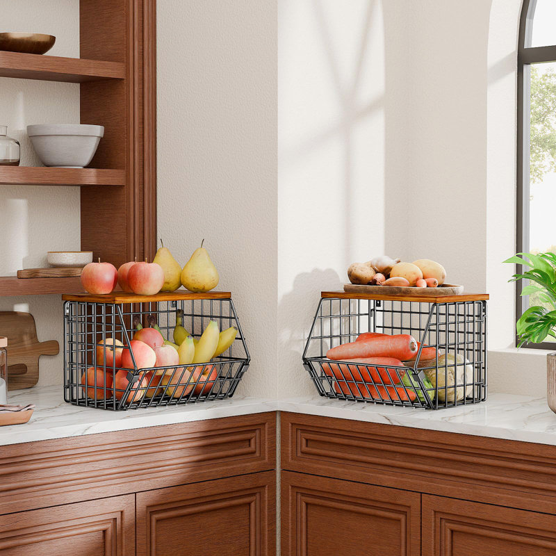 Panier à fruits en métal avec plateau en bois pour la cuisine, noir, Noir