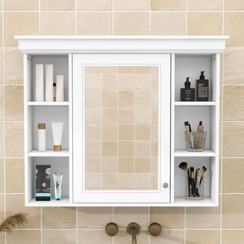 Elegant Bathroom Storage Cabinet with Mirror Door and 5 Open Shelves, White