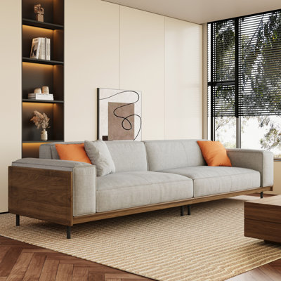 Mid-century Modern 3-seater Sofa With Walnut Accents, Upholstered In Breathable Linen Fabric, Includes 3 Throw Pillows, Grey & Orange