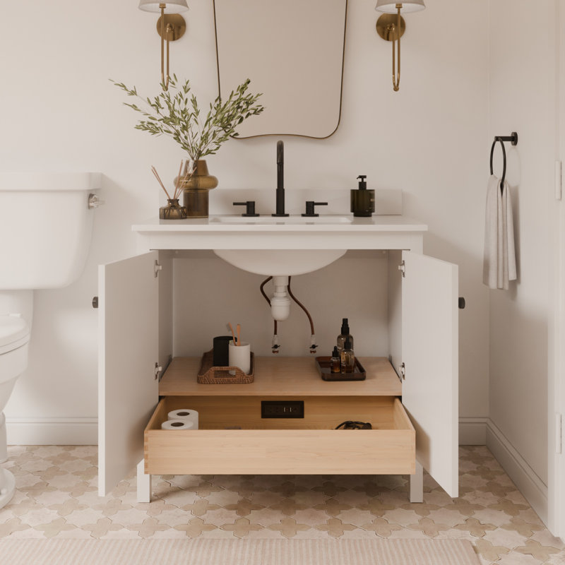 Meuble-lavabo simple festonné 36 po - Blanc - Avec comptoir - Boutons noirs, Gris / Noir mat, 36"