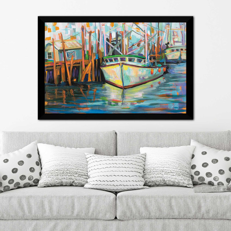 " At The Dock ", 27.5" H x 39.5" W x 0.75" D, Black Framed
