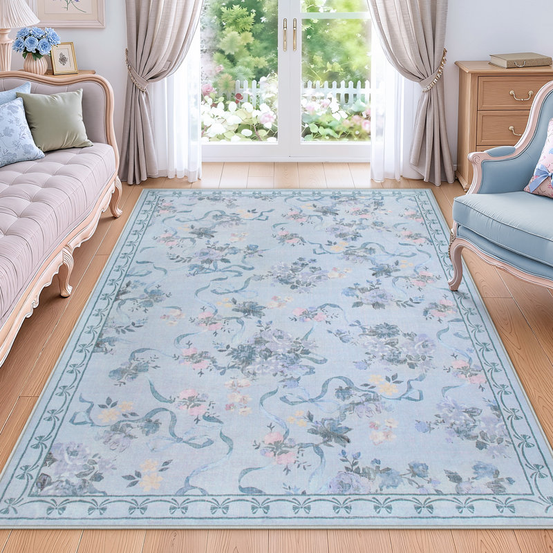 Boho Non-Slip Floral Washable Indoor Area Rug, Blue, Rectangle 5' x 7'
