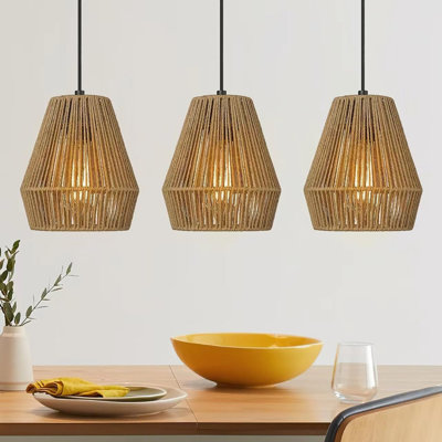 Ensemble de 3 luminaires suspendus tissés, lampe boho moderne de 7 po avec abat-jour en rotin tissé à la main, luminaires suspendus de style campagnard réglable pour îlot de cuisine, salle à manger, bar, couloir de vestibule