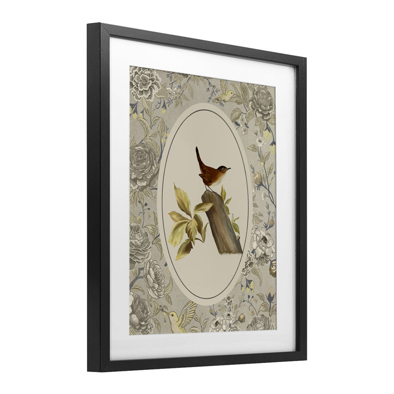 Reproduction sous verre perchée d'un oiseau et d'une toile, design par Radhika Modi, Cadre noir minuit, H 16 po x l 13 po
