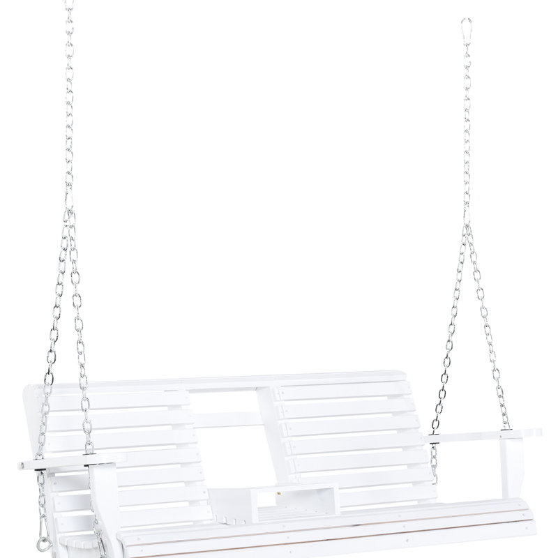 Balancelle de patio blanche 3 places avec table basse pliante, porte-gobelets et capacité de charge de 200 kg (440 lb), structure en bois pour trois personnes.