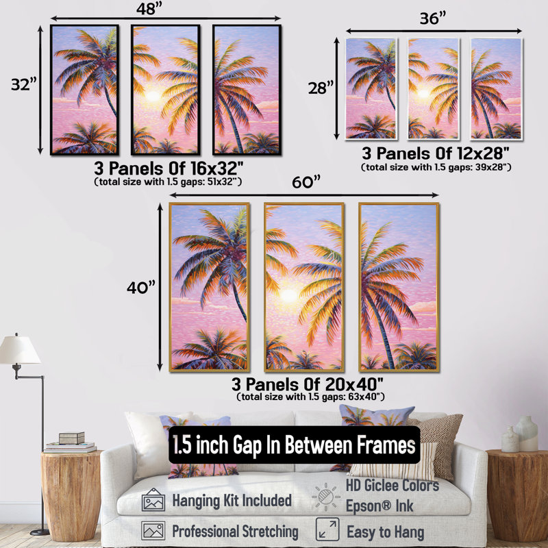 «Rose Radiance Sunset Palm Trees II», ensemble d'art mural palmiers et palmiers, Cadre flottant doré