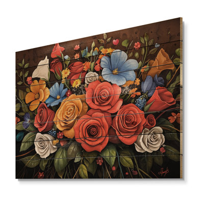 Love Blooms Of Summer Flowers I - Traditional Red Wood Print On Natural Pine Wood
