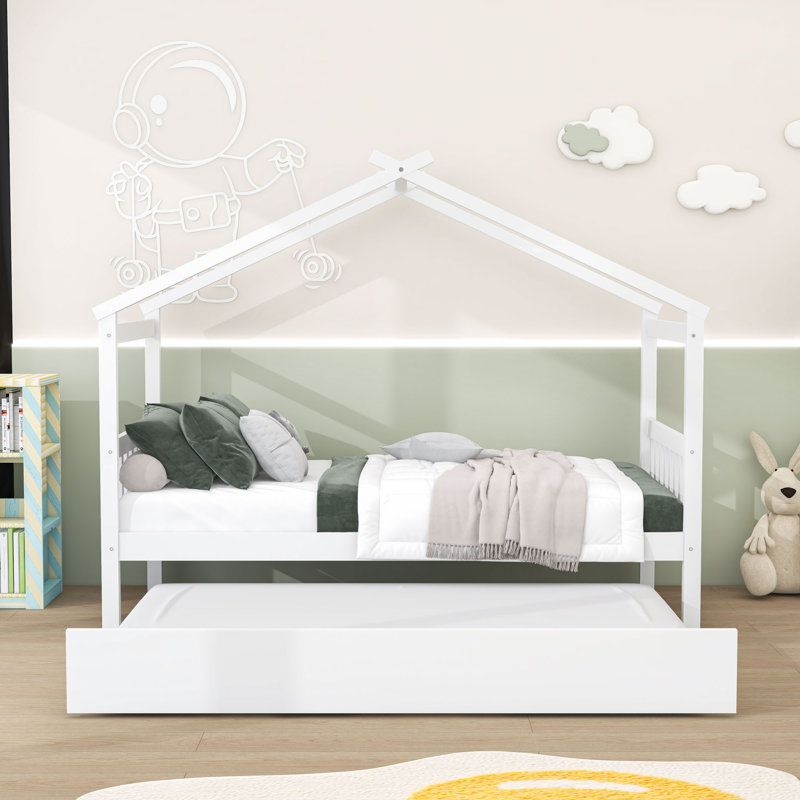 Lit de jour en bois avec lit gigogne simple, pieds et lattes, Simple, Blanc