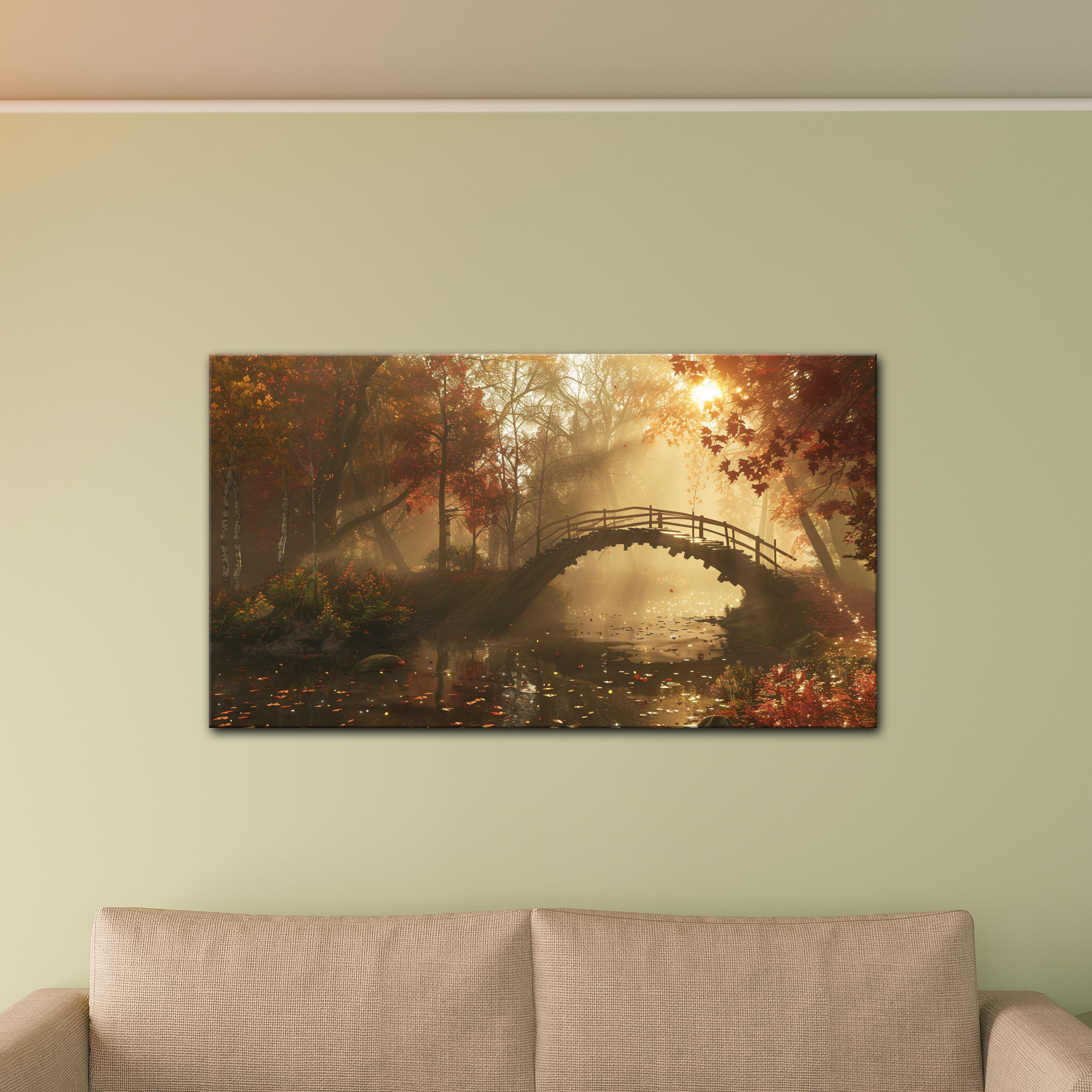 Winston Porter Autumn Passageway: Haze-lit wooden bridge over Autumn ...