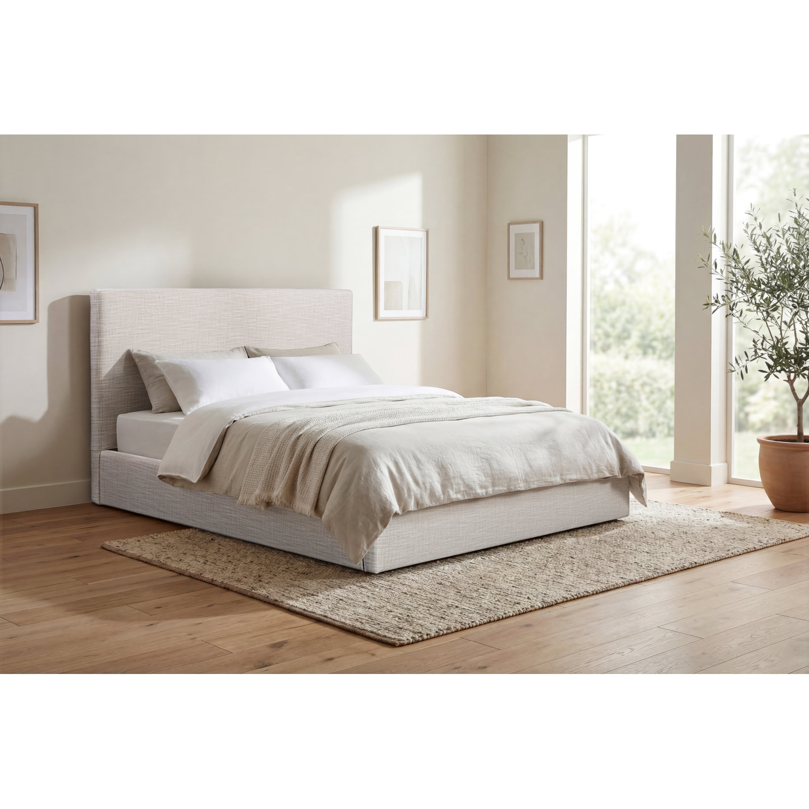 Mele Linen Upholstered Bed, White Linen, Queen
