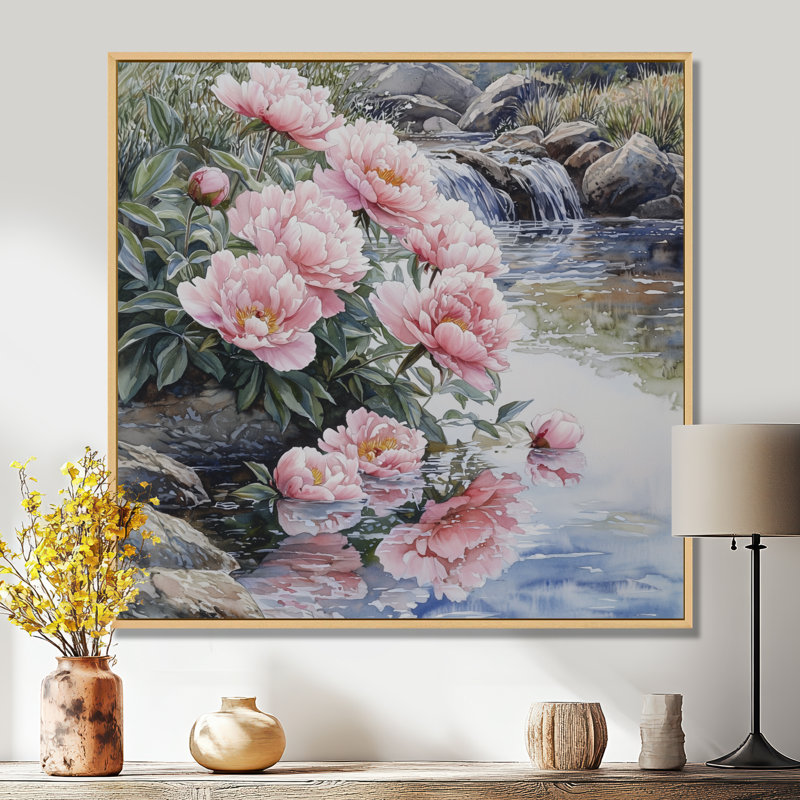 Pivoines près du ruisseau de montagne III - pivoines, art mural large, H 16 po x l 16 po, Impression encadrée flottante
