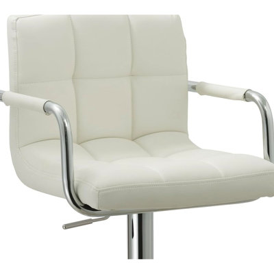 Adjustable Swivel Bar Stool In White Metal Frame, Grey Cushioned Seat With Grid-pattern Stitch Design, Hydraulic Lift For Height Adjustment Spectrum, by Latitude Run