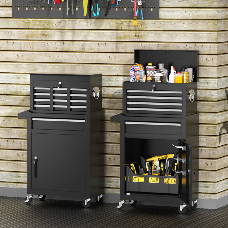 Coffre à outils 5 tiroirs à roulettes, armoire à outils amovible en métal 2-en-1 avec roues verrouillables, Noir