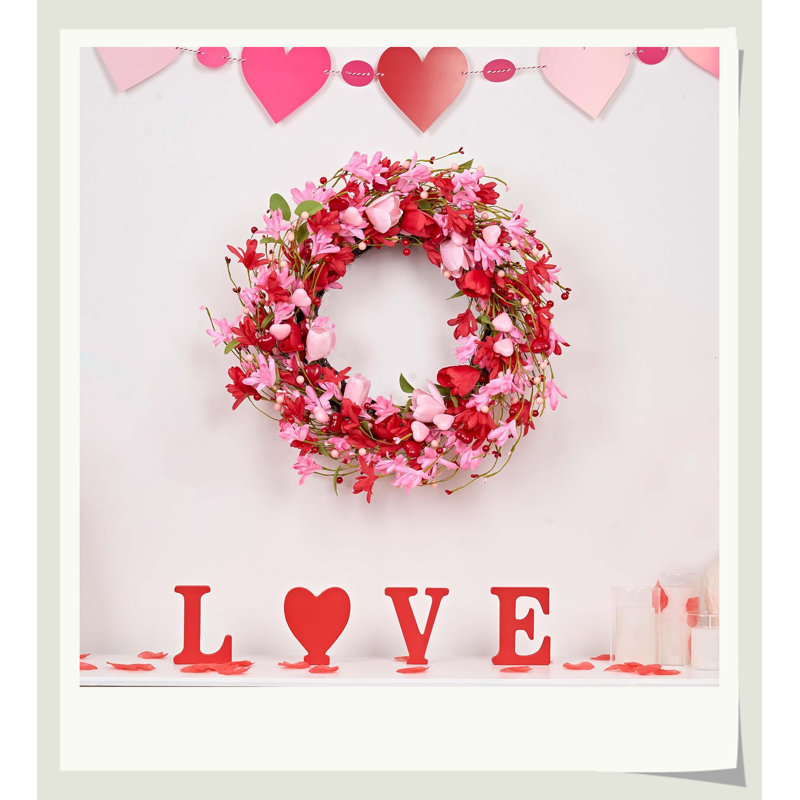Couronne de Hikma romantique 22 po, cœur rouge tulipe rose base de vigne, décor de foyer mural de porte d'entrée durable, cadeau parfait pour les amoureux
