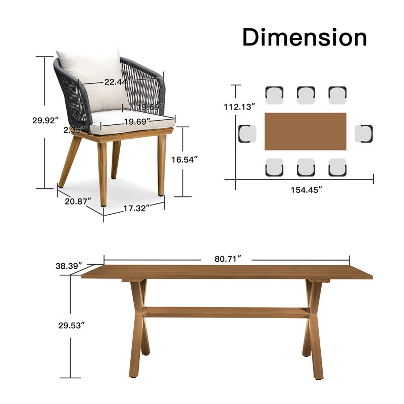 Ensemble repas pour 8 personnes avec coussins Braylin, 9, 29.53"H x 38.39"W x 80.71"D