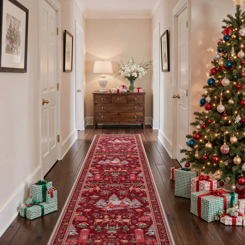 Tapis rouge lavable à la machine Christmas, Tapis de couloir 2 pi x 10 pi