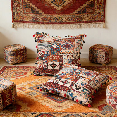 Set Of 2 18X18 Boho Throw Pillow Covers With Tassels – Moroccan Tufted Geometric Accent Cushion Case For Living Room Sofa, Bedroom, Or Farmhouse Decor