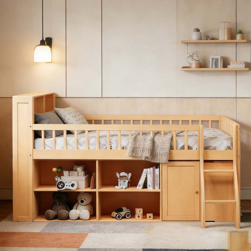 Lit mezzanine double avec rangement, Bois, Lit double