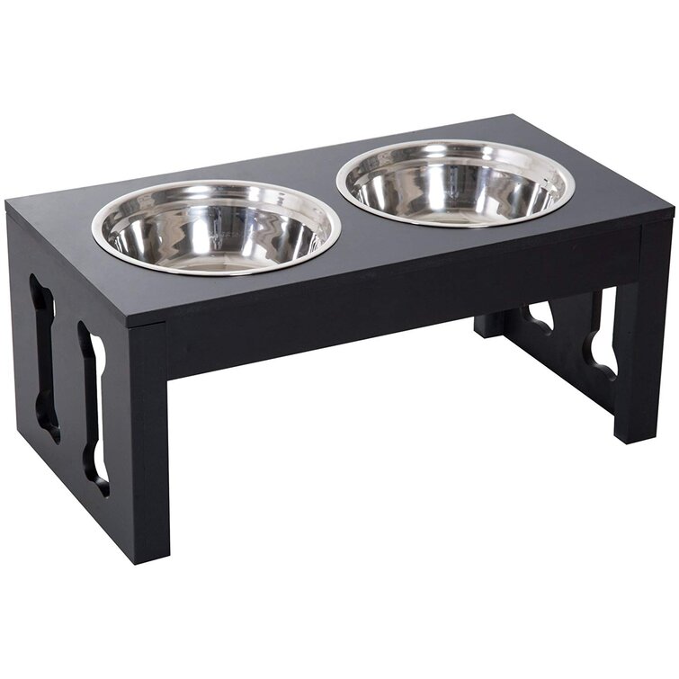 PawHut Raised Pet Food Elevated Feeder with 2 Stainless Steel Bowls 3  Levels Adjustable Height Levels and Wood Finish Cat/Dog Feeding Station w/  Black & Simple Modern Design