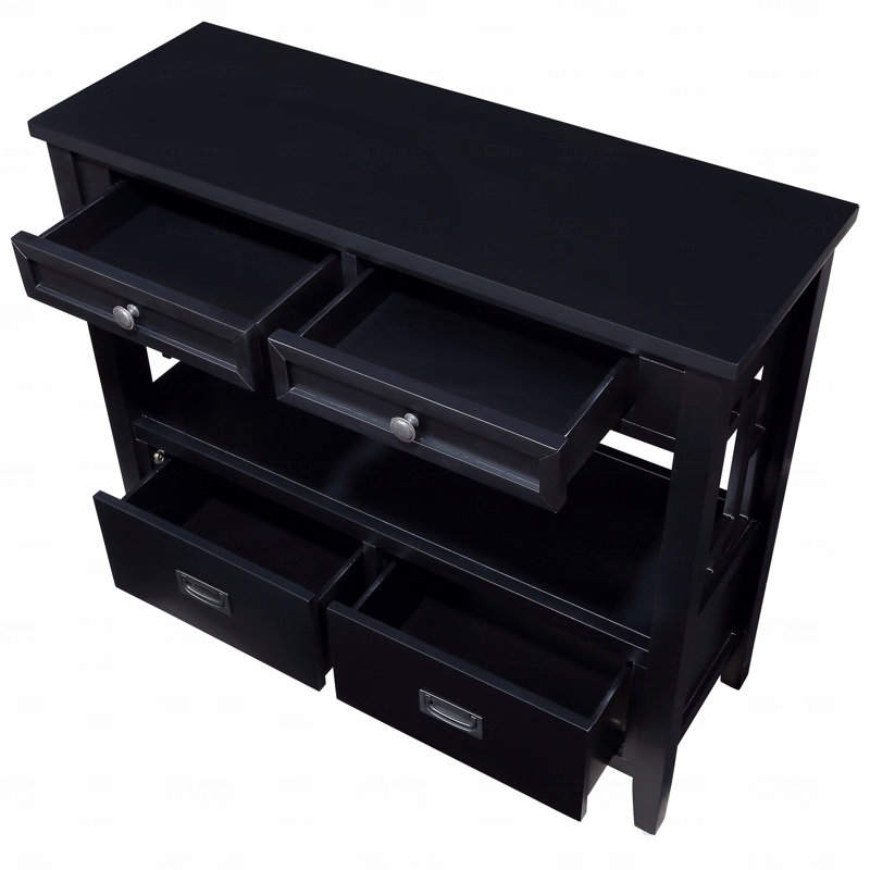 4-Drawer Pine Wood Farmhouse Console Table, 36" With 1-Storage Shelf For Entryway Living Room Bedroom Hallway Kitchen, Black