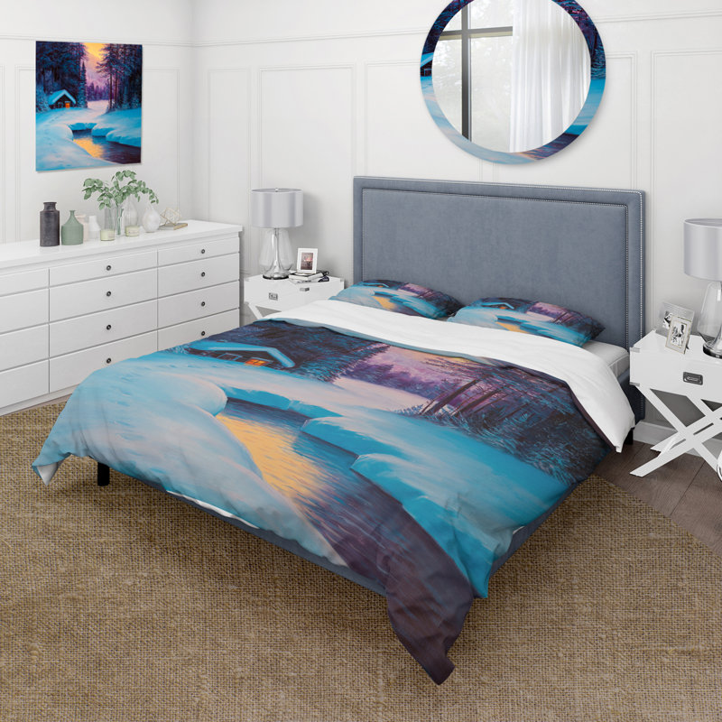Old Cabin In Winter Forest II - Ensemble de housse de couette traditionnel - Microfibre de polyester