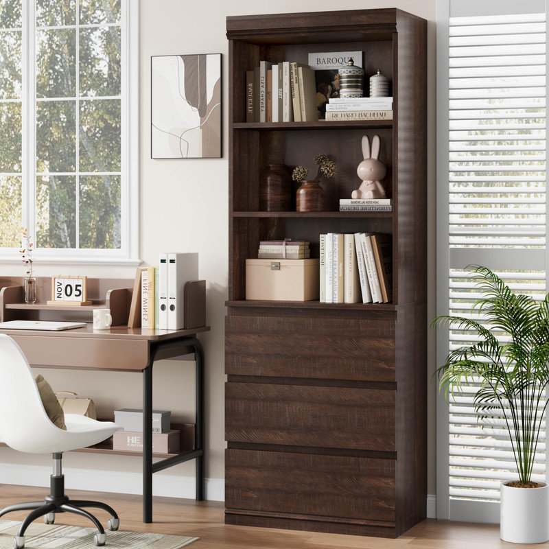 70 Inches Bookcase with Drawers, Tall Bookshelf Farmhouse Bookcases Wooden Deep Bookshelves Storage Cabinet Organizer for Living Room, Study, Kitchen, Home Office