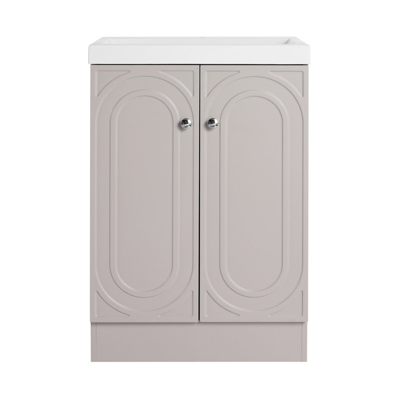Meuble-lavabo autoportant avec lavabo en résine blanche et 2 portes d'armoire à fermeture en douceur, Kaki, Argent argent