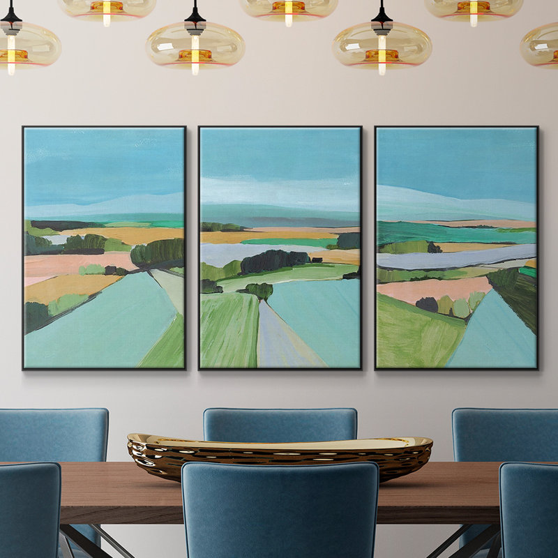 «Bright Coloured Countryside I», reproduction sur toile 3 pièces, H 27 po x l 54 po x P 2 po, Cadre noir
