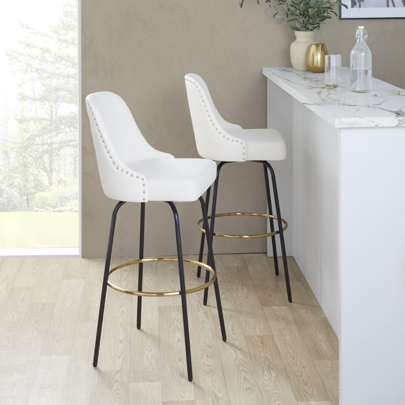 Tabouret de bar clouté à hauteur fixe avec pieds en métal et repose-pieds rond - ensemble de 2, Noir et or, Blanc