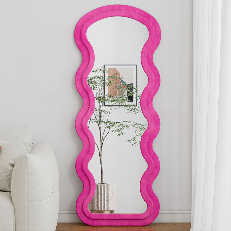 Flannel Full Length Wave Floor Mirror With Stand For Bedroom Living Room Hanging Or Against The Wall, Rose Pink