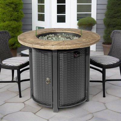 Table de foyer d'extérieur au propane, acier rond de 50 000 BTU avec imitation grain de bois pour les rassemblements de patio et de jardin