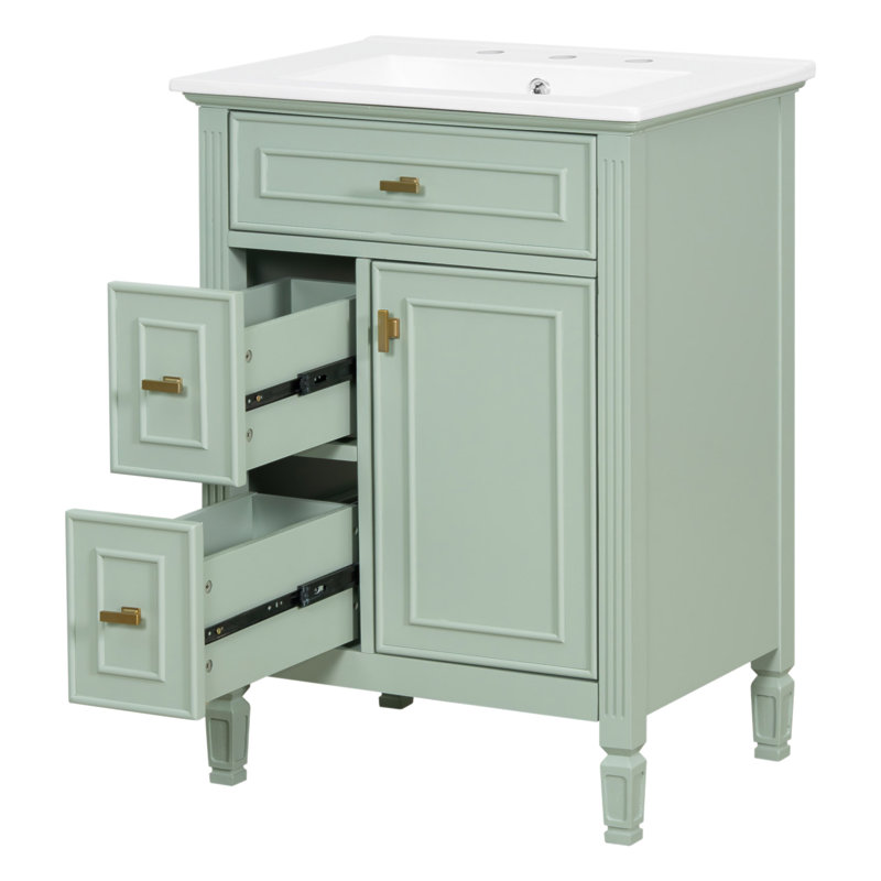 Meuble-lavabo de 24 pouces avec lavabo, armoire en bois massif et panneau de fibres à densité moyenne avec un tiroir rabattable, deux tiroirs standard et une tablette réglable, meuble-lavabo vert autoportant pour le rangement de la salle de bain