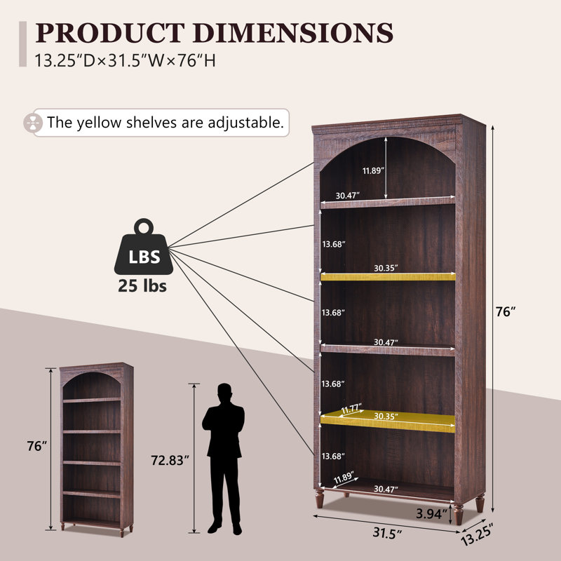 76" Tall Arched Bookcase, 5-Tier Large Arched Shelving Unit with Adjustable Shelves, Featuring Storage and Open Display Shelves