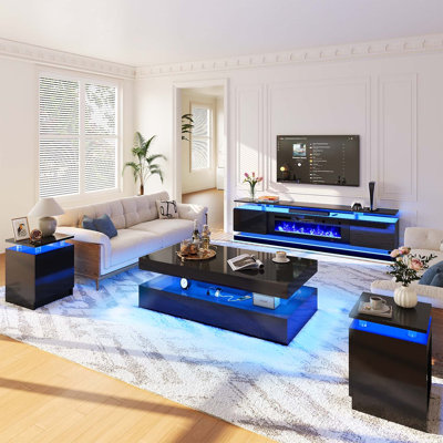 4-Piece Living Room Furniture Set with 70" Electric Fireplace TV Stand, LED Coffee Table with Drawers, and 2 LED End Tables, Modern High-Gloss Entertainment Center Set