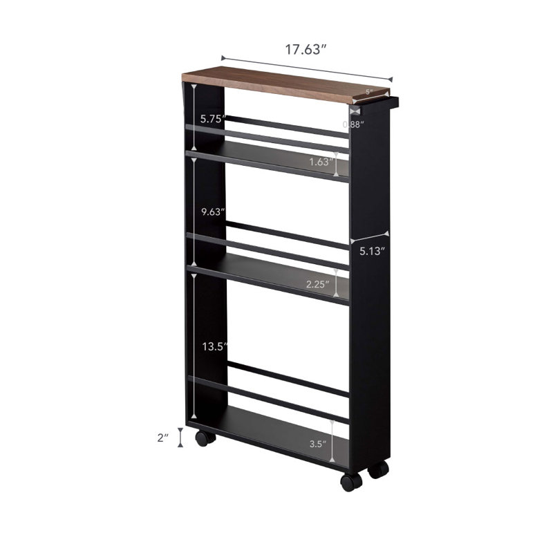 Slim Black Steel Three-Tiered Rolling Storage Cart with Handle