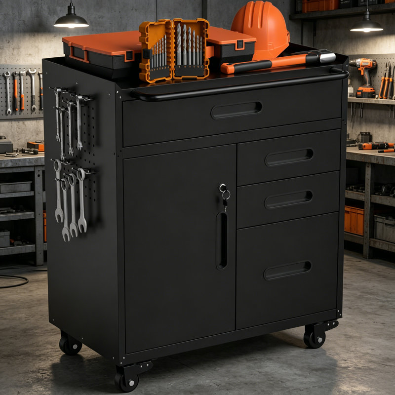 34.3 Inch Heavy Duty Rolling Steel Tool Cabinet, 4 Drawer Garage Storage Organizer With Secure Lockable Compartment For Workshop & Home Use