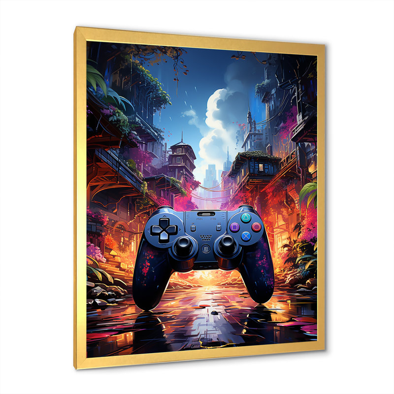 Contrôleur de jeu vidéo Neon Haven I - Art mural de jeux vidéo, Cadre doré simple, H 32 po x l 24 po x P 1 po
