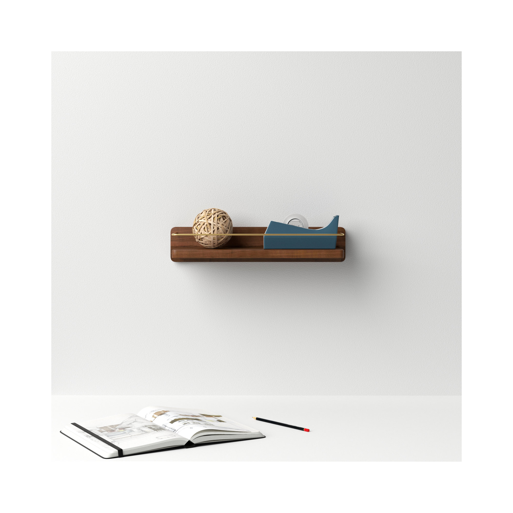 Dandre Modern Brass Wooden Shelf, 3.2" H x 16" W x 5.6" D, Walnut
