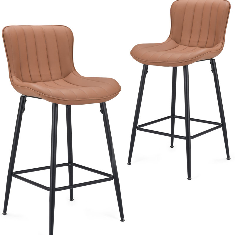 Brown Faux Leather Dining Table Counter Height Stools Of 2, Metal Legs, Comfortable Seating, Easy To Assemble, For Coffee Shops Mid Century Chairs Assembly,