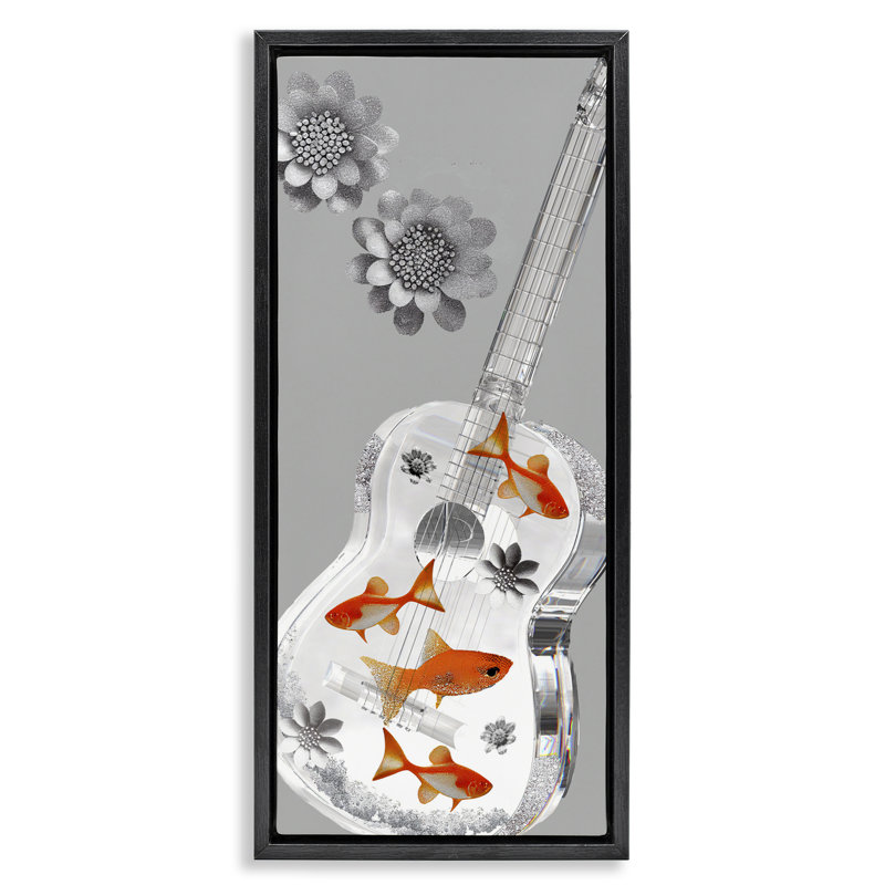 Cadre flottant Sparkle, guitare et fleurs, design par Sasha, H 31 po x l 15 po, Cadre flottant noir de jais
