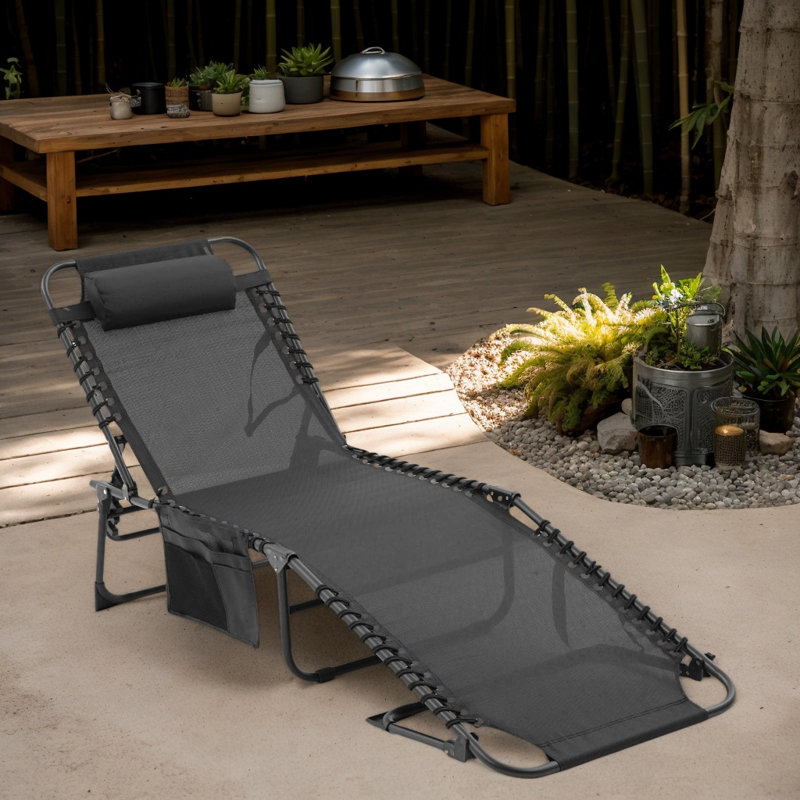 Outdoor Lounge Chair, Patio Sun Tanning Chair, Folding Chaise Lounge Pool Chair For Beach(Set Of 1), Black