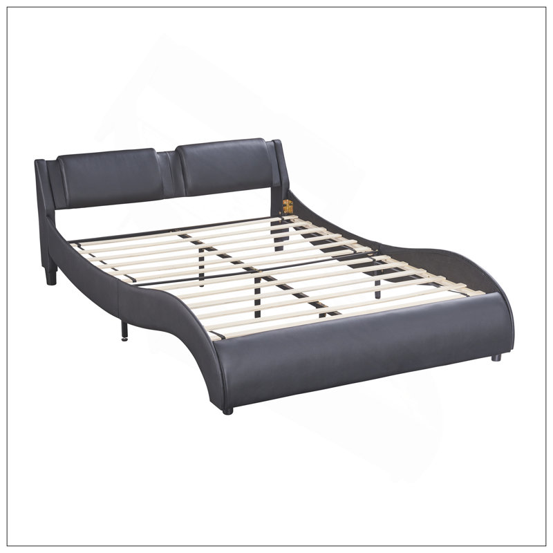 Full Size Upholstered Faux Leather Platform Bed With LED Light Bed Frame And Slatted Support - Black