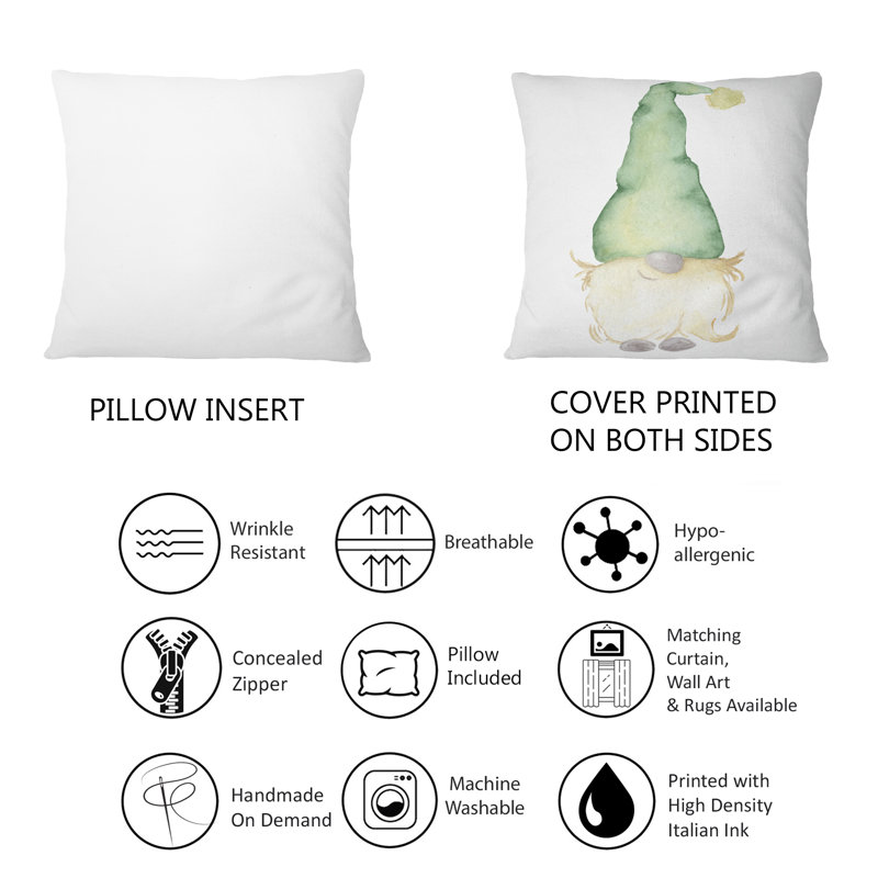 Mignon gnome de Noël au chapeau vert - Coussin décoratif traditionnel imprimé 1