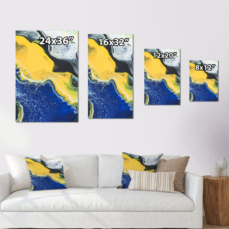 Art en marbre bleu foncé et jaune - reproduction d'art sur toile, H 12 po x l 8 po x P 1 po, Toile tendue