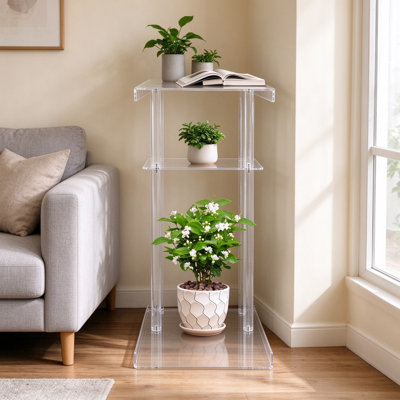 3-Tier Clear Acrylic Corner Plant Stand Indoor C-Shaped Tall Display Shelf Space Saving Corner Rack for Potted Plants Books Bathroom Decor