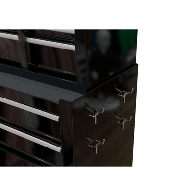 Black High Capacity 8 - Drawer Rolling Tool Chest, Steel Unit, 4" , Lockable Drawers, Hanging, Working Panel Chest In Black, Cabinet, Central Lock, Bearing Work Surface, Hanging Hooks For Arrangement