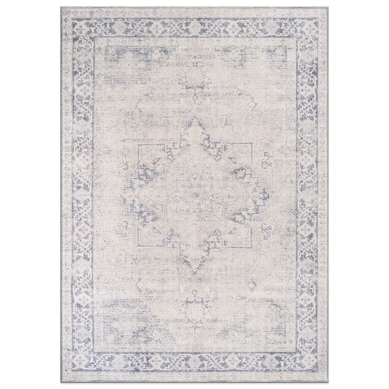Calista Blue Medallion Area Rug – Traditional Machine Washable Design With Non-Slip Backing, Rectangle 4' x 6', Blue