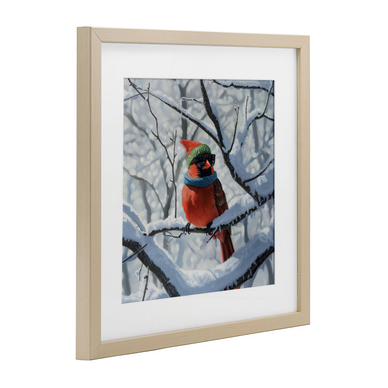 «Winter Cool Cardinal», impression par Jim Baldwin, Cadre de récolte en pin, H 16 po x l 16 po